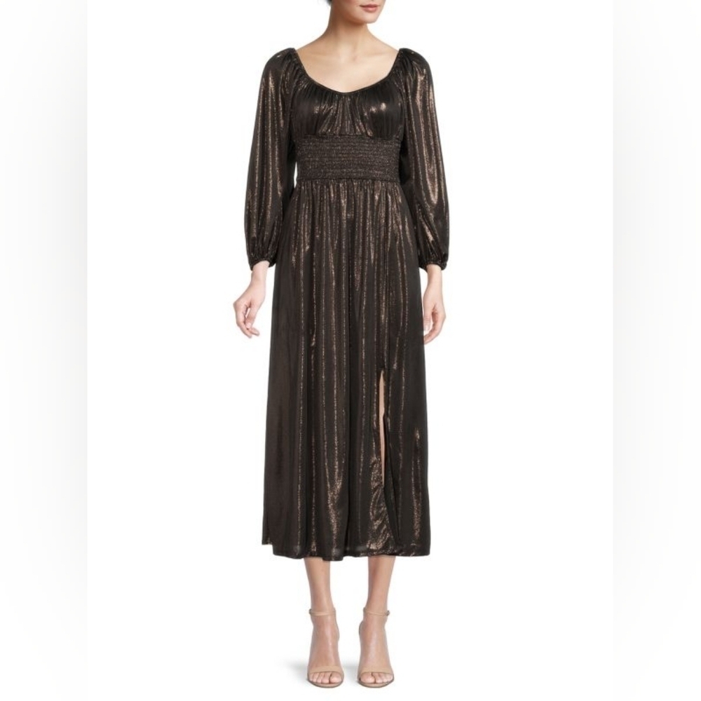 NSR Puff Sleeve Metallic Midi Dress NWT
